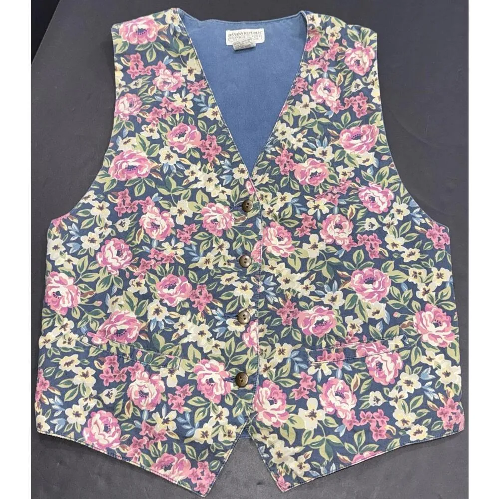 Vintage Banana Republic Safari & Travel Floral Cotton Denim Printed Jean Vest M - Image 3