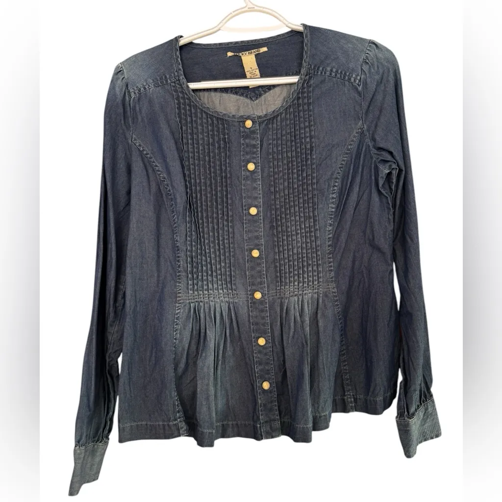 Lucky Brand Denim Longsleeve Ruffled Cotton Western‎ Style Top Pearl Buttons S - Image 6
