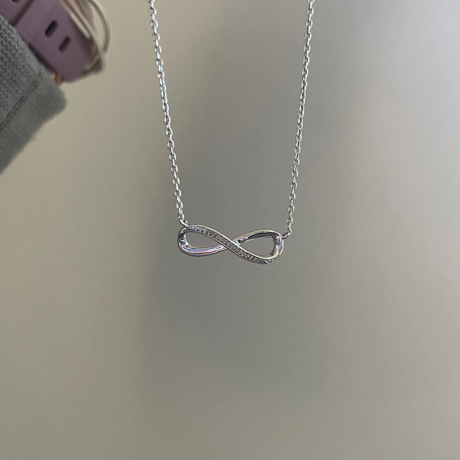 .925 Sterling Silver Infinity Necklace Cubic Zirconium Stones Delicate Chain - Image 4