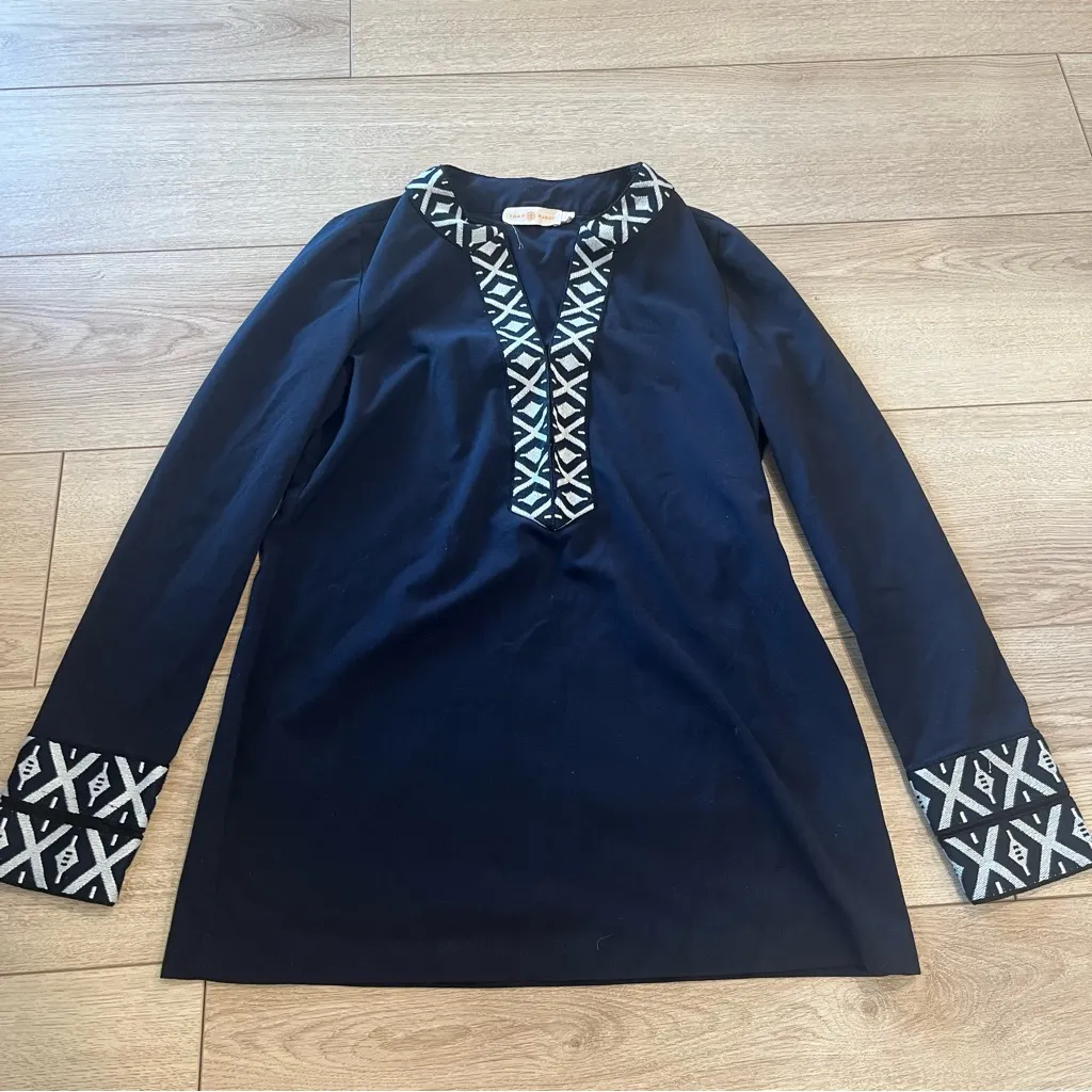 Tory Burch Ariana Tunic Top Navy Blue Embroidered Long Sleeve Size 0 - Image 3