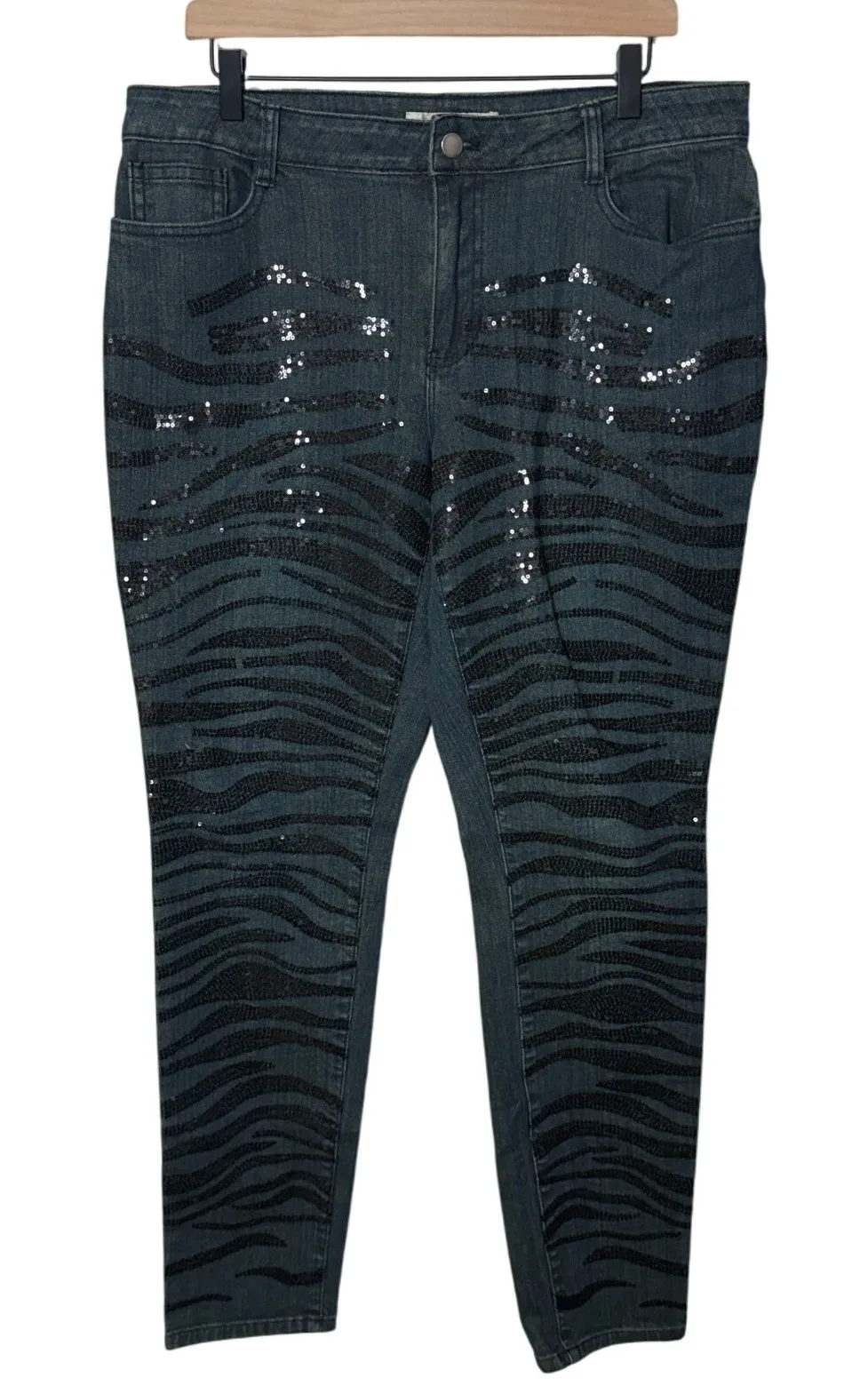 BOSTON PROPER Jeans Size 14 Blue Denim Black Sequin Animal Print Tiger Zebra - Image 1