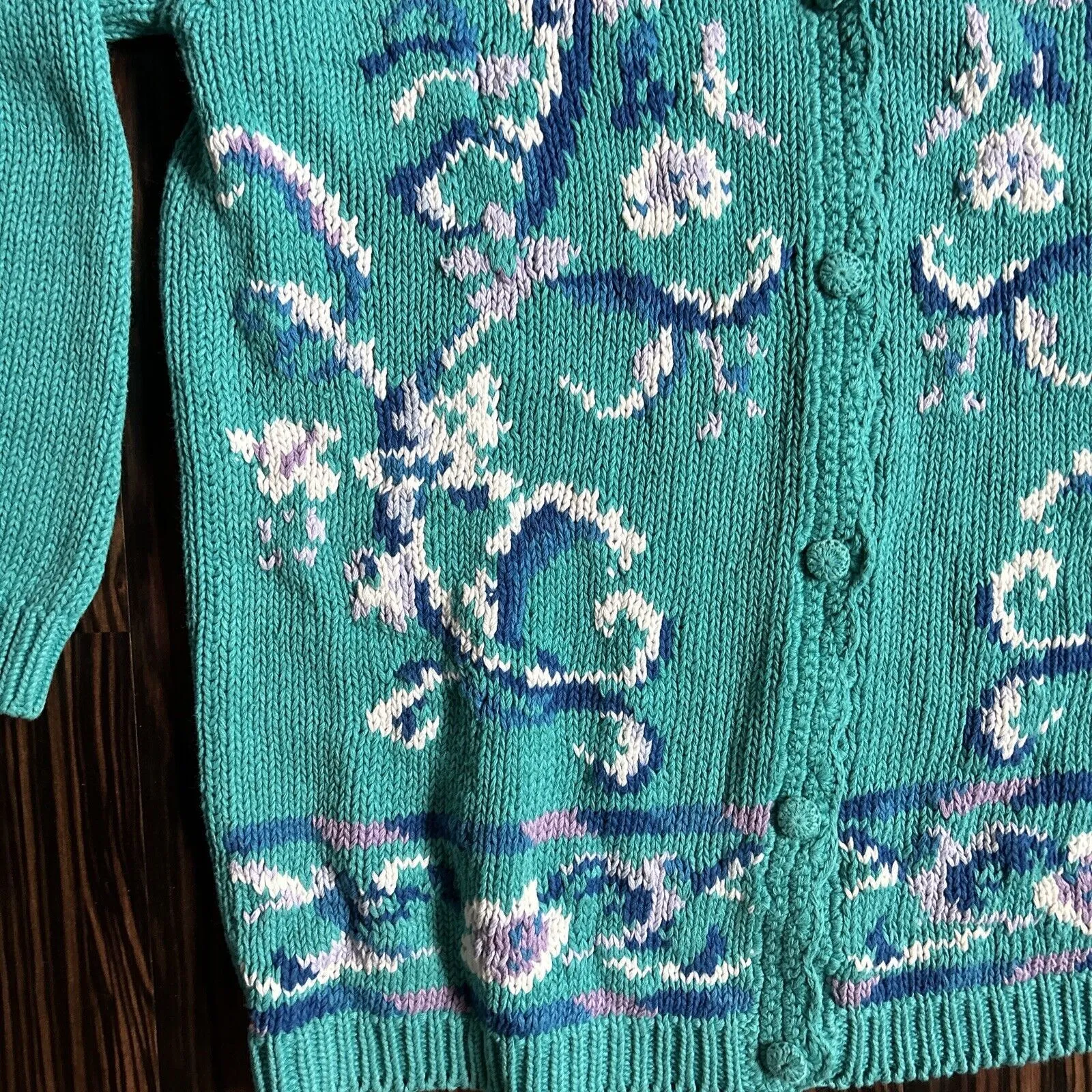 Vintage Worthington Floral Teal Sweater Women's Sz Medium Knit Cardigan - Image 2