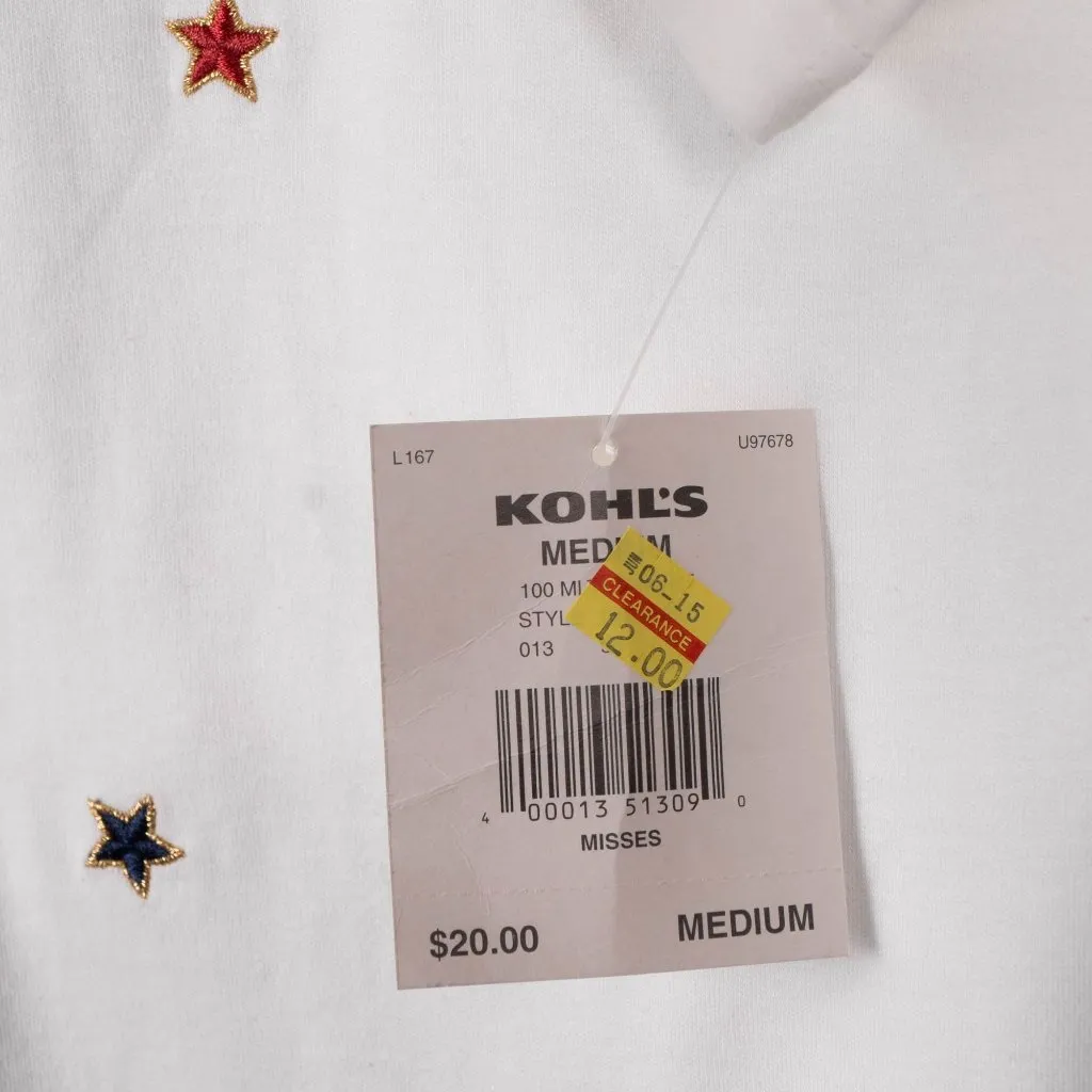 Croft & Barrow Patriotic Shirt M Womens White Embroidered Stars Cotton July 4th - Image 5