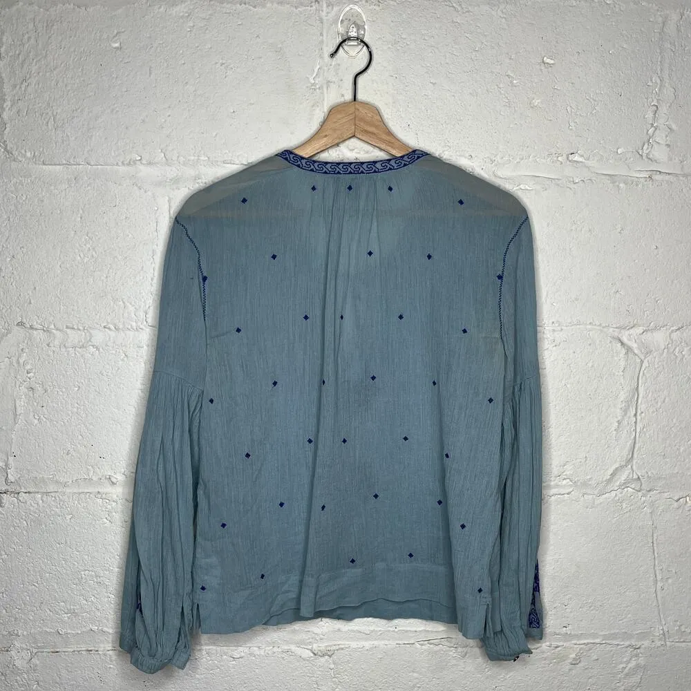 J. Crew Women's Blue Cotton Peasant Boho Tie Blouse Size 2 - Image 3