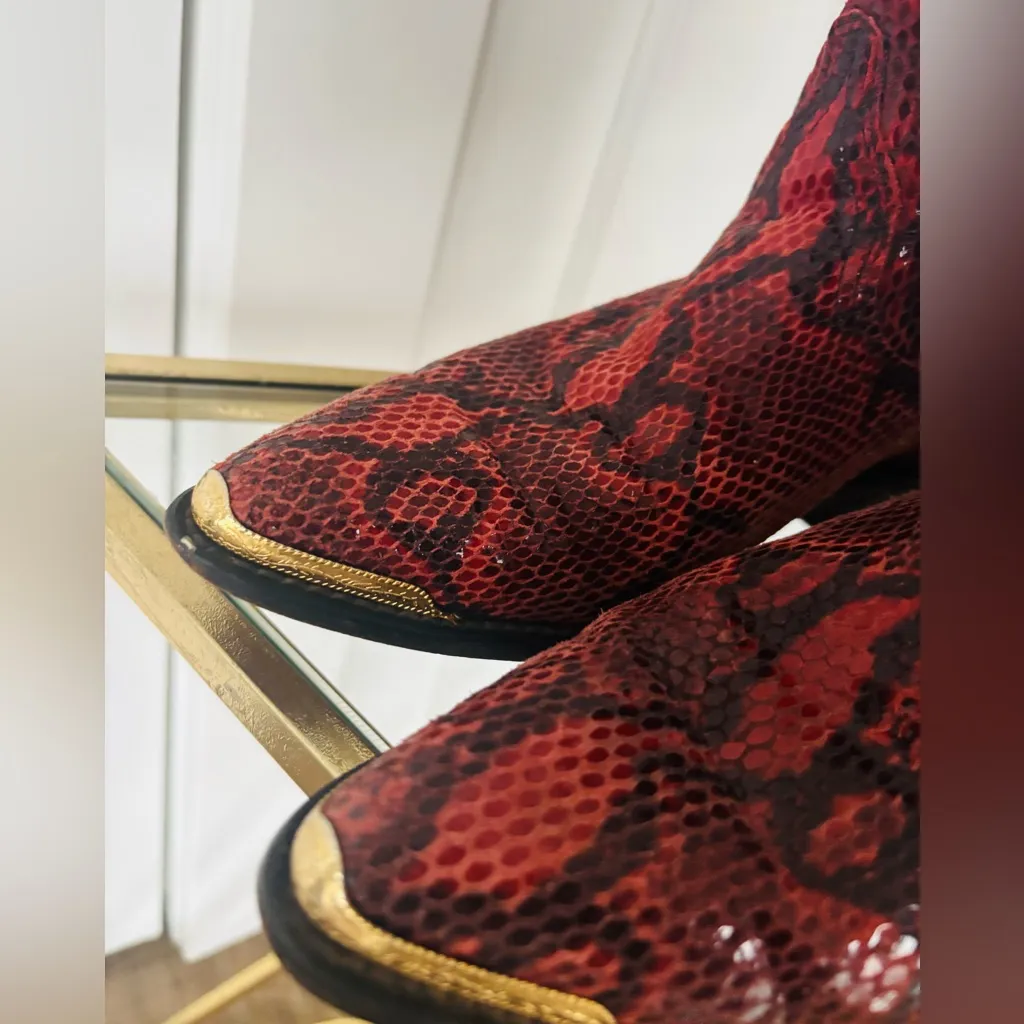 Women's Red Python Italian Cow Leather Cowboy boots size 7 Gold metallic toe cap - Image 5