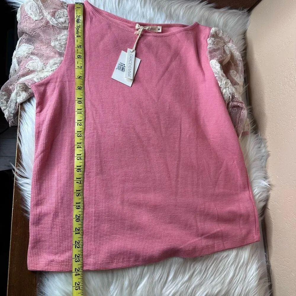 Grace + Emma MIDNIGHT BLOSSOM PINK SEQUINS FLORAL PUFF SLEEVE Top Size Medium - Image 7