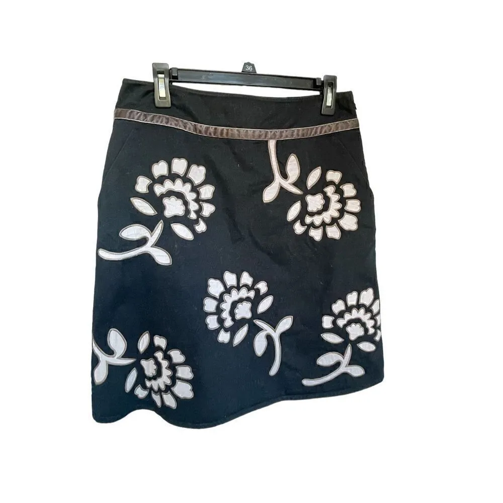 Boden Embroidered Floral Print Skirt Black /Brown Size 12R Black - Image 4