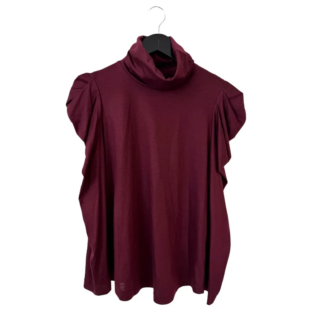 Enza Costa Small Long Sleeve Turtleneck Burgundy Puff Shoulder Ruched Fall Basic Red - Image 4