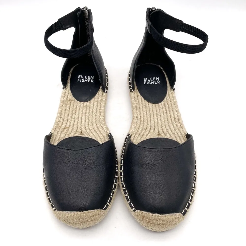 Eileen Fisher Lala Leather Espadrille Flats Black Size 8 Ankle Strap Sandals - Image 5