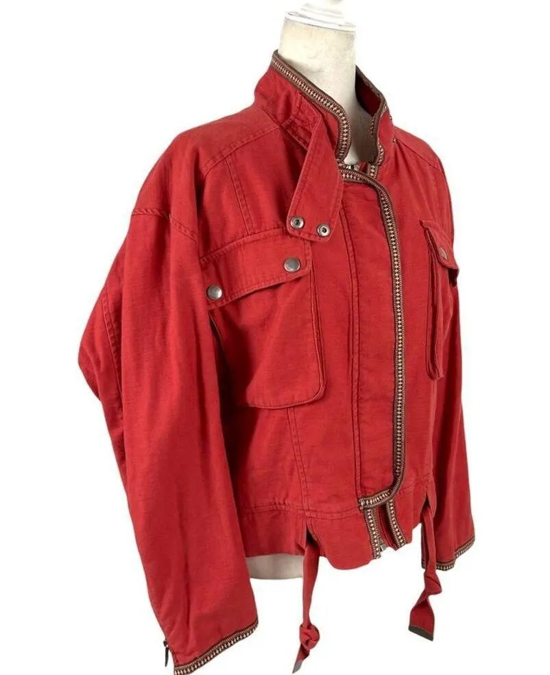 Free People Flight Line Oversized Military Red Bomber Jacket Size XS Embroidered - Image 9