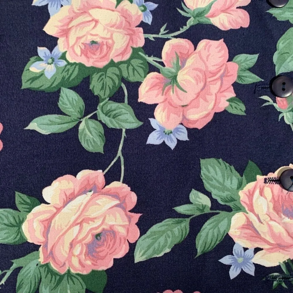 Vintage 90s Floral Vest Tailored Waistcoat Blue Pink Rose Floral Print Medium - Image 4