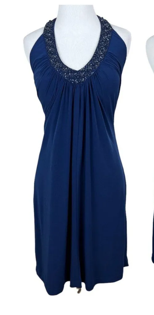 Alex Evenings Dress 4P Navy Blue Pleated Beaded Halter V-Neck Padded Bust Party - Image 1