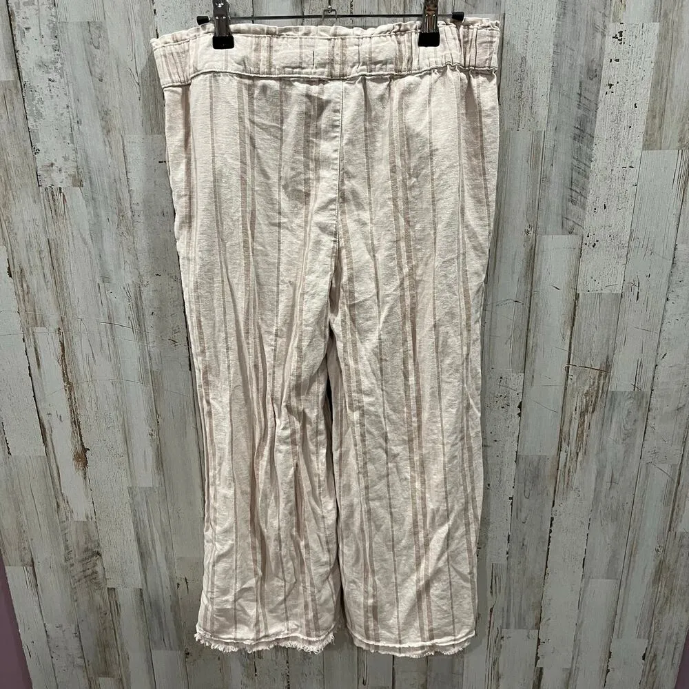 Beau Dawson Stripe Beige Linen Blend Crop Flowy Boho Wide Leg Pants Womens Med - Image 4