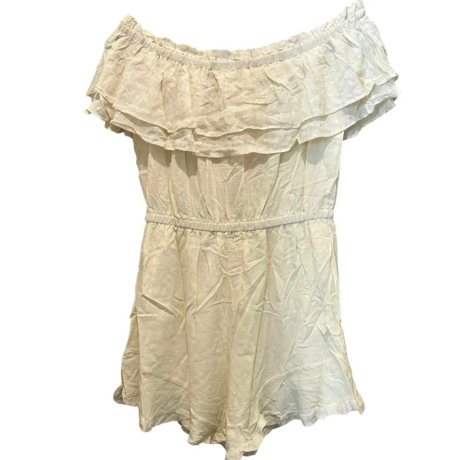 UMGEE Off the Shoulder Romper Cream Metallic Sz S Ruffle Top Stretch Waist NEW - Image 4