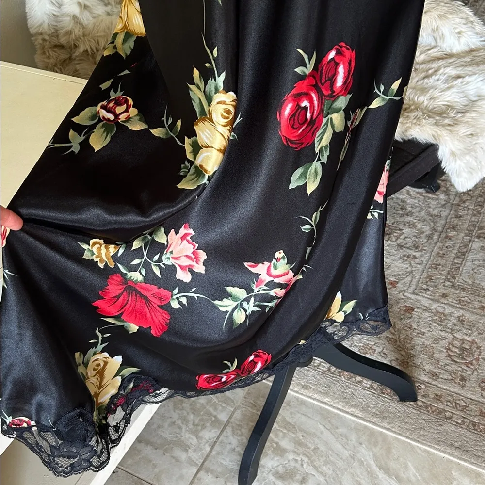 Cinema etoile VTG 🌺 black satin boho romantic floral lace maxi slip dress L​ Size L - Image 4