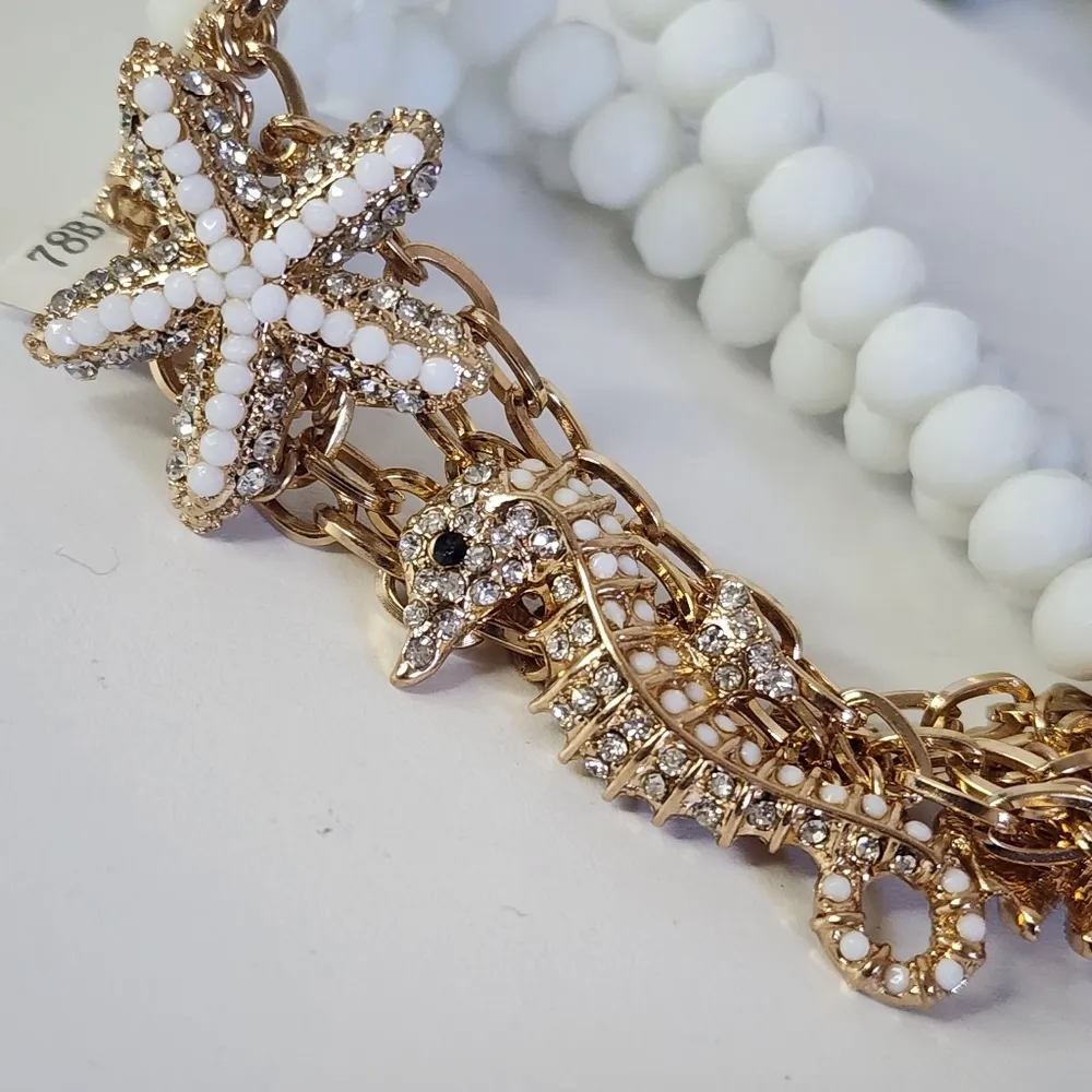 Starfish Seahorse Fish Gold Chain and White Faceted Glass Bead Bracelet - Image 3