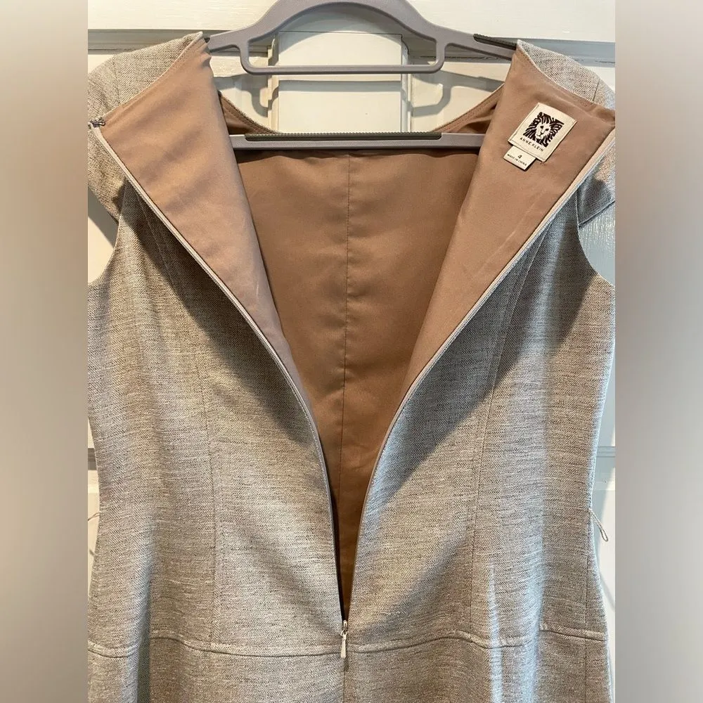 Anne Klein Fit & Flare‎ Midi Dress Half Cap Sleeves Tweed Beige Tan Size 4 - Image 8