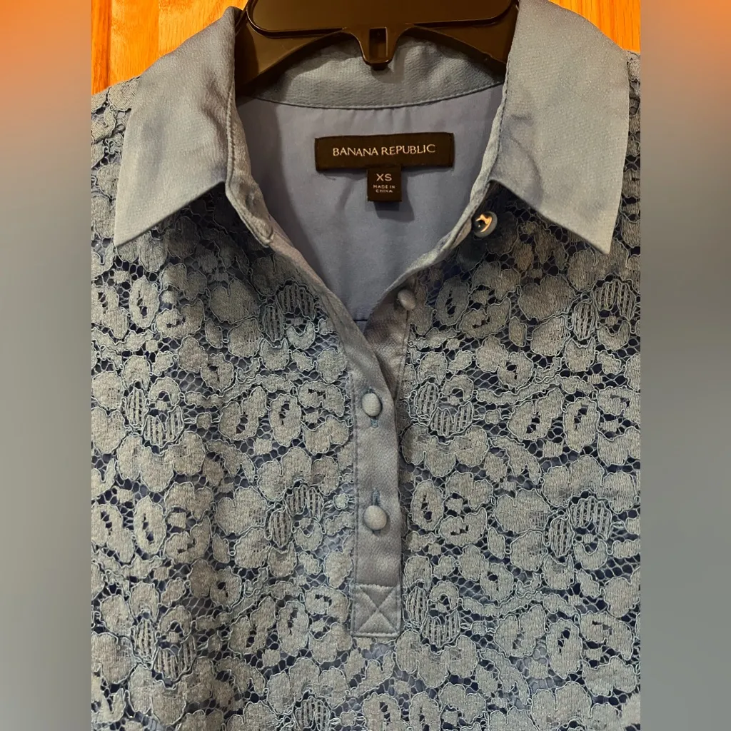 Banana Republic‎ Blue Lace Scalloped Hem Bell Flutter Sleeves Polo Dress Size XS - Image 7