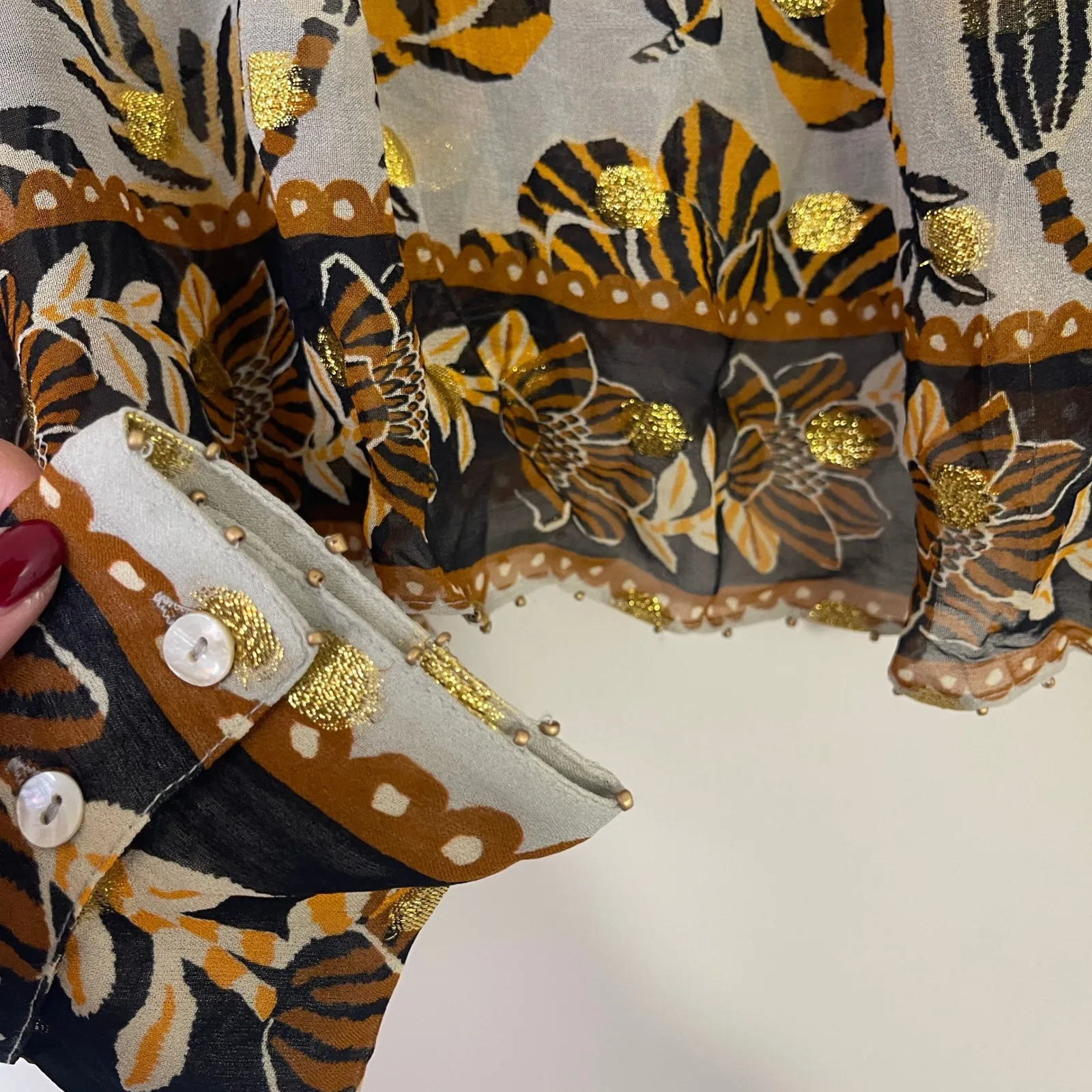 FARM RIO $250 Metallic Floral Tapestry Long Sleeve Blouse Women's Size Medium - Image 7