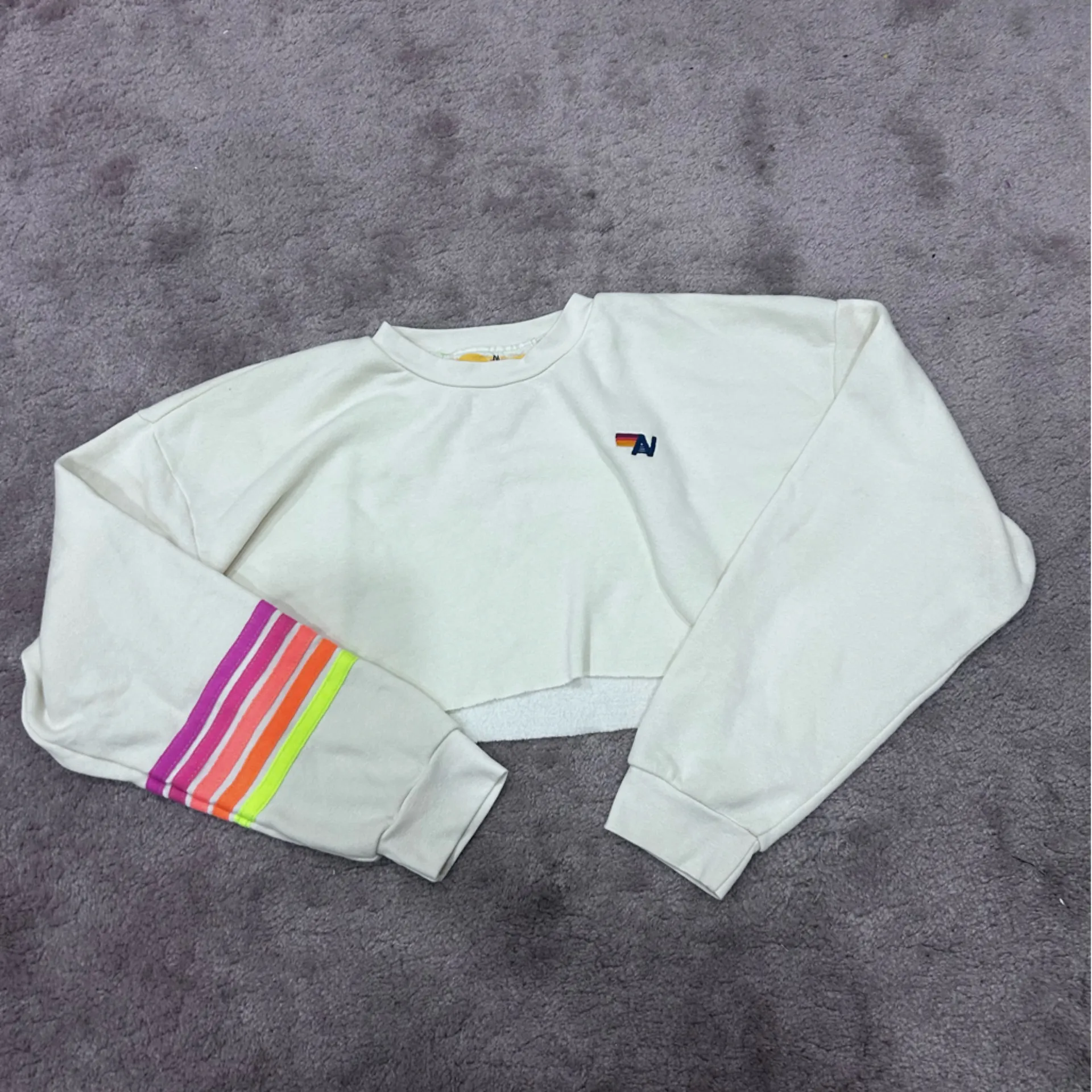Aviator Nation Vintage White Set Neon 5 Stripe Rugby Sweatshirt and Sweatpants - Image 4
