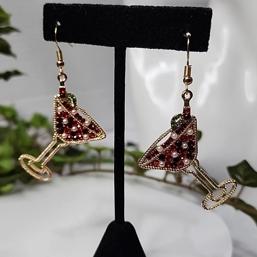 Gold and Ruby Red Crystal Martini Glass Earrings New - Image 2