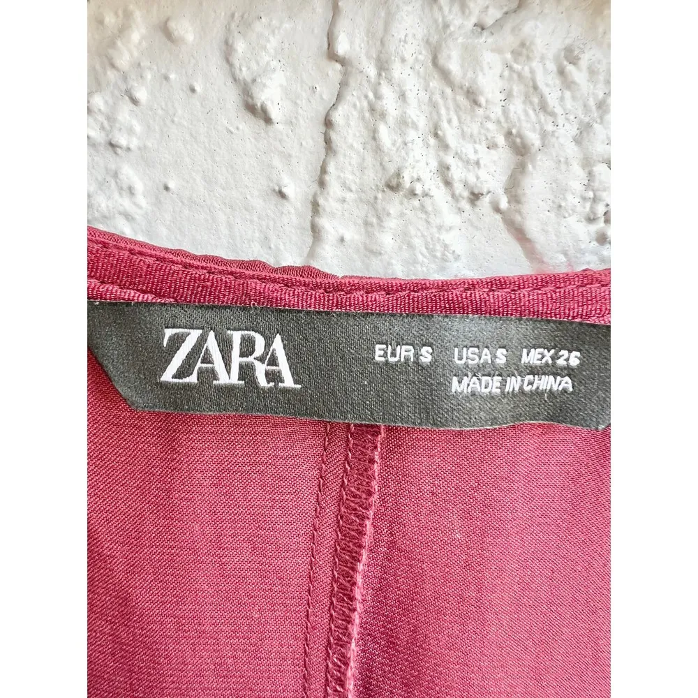 Zara Balloon Sleeve Satin Silky Ruffle Mini Dress Burgundy Women's Size Small - Image 8