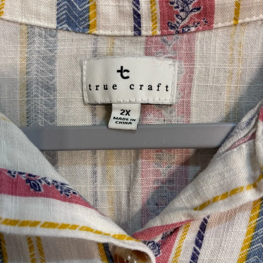 True Craft womens linen blend striped button front top white 2X - Image 4