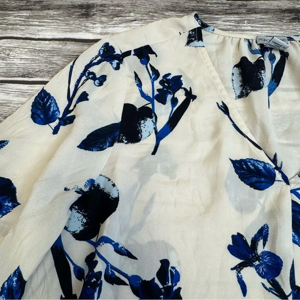 Paraphrase Women's Floral Foliage V Neck Blouse Cream Blue M Med Medium Pullover - Image 4