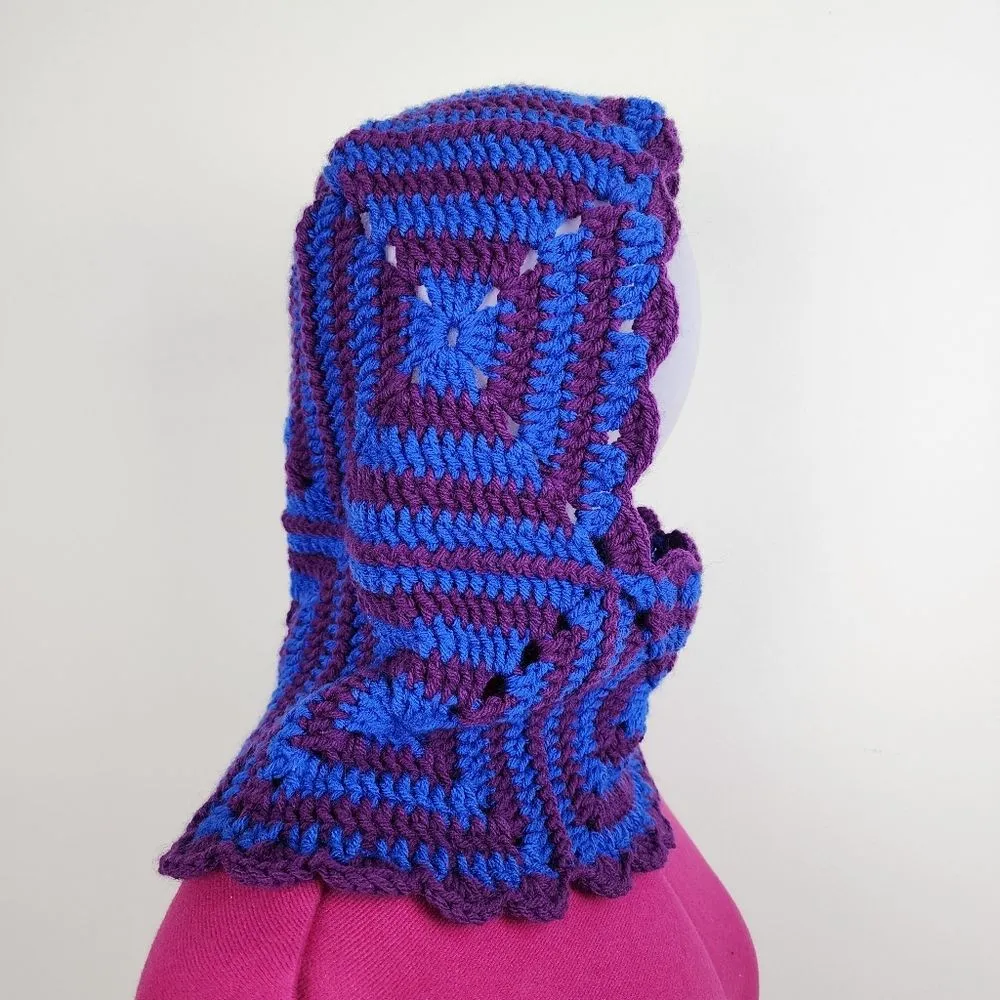 New Crochet Handmade Balaclava Granny Square Blue Purple hat beanie head warmer - Image 10