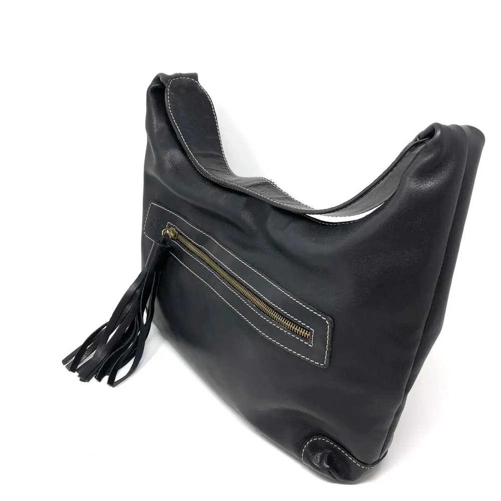 ROBERT PIETRI black leather fringe tassel, hobo style bag, made in Spain - Image 3