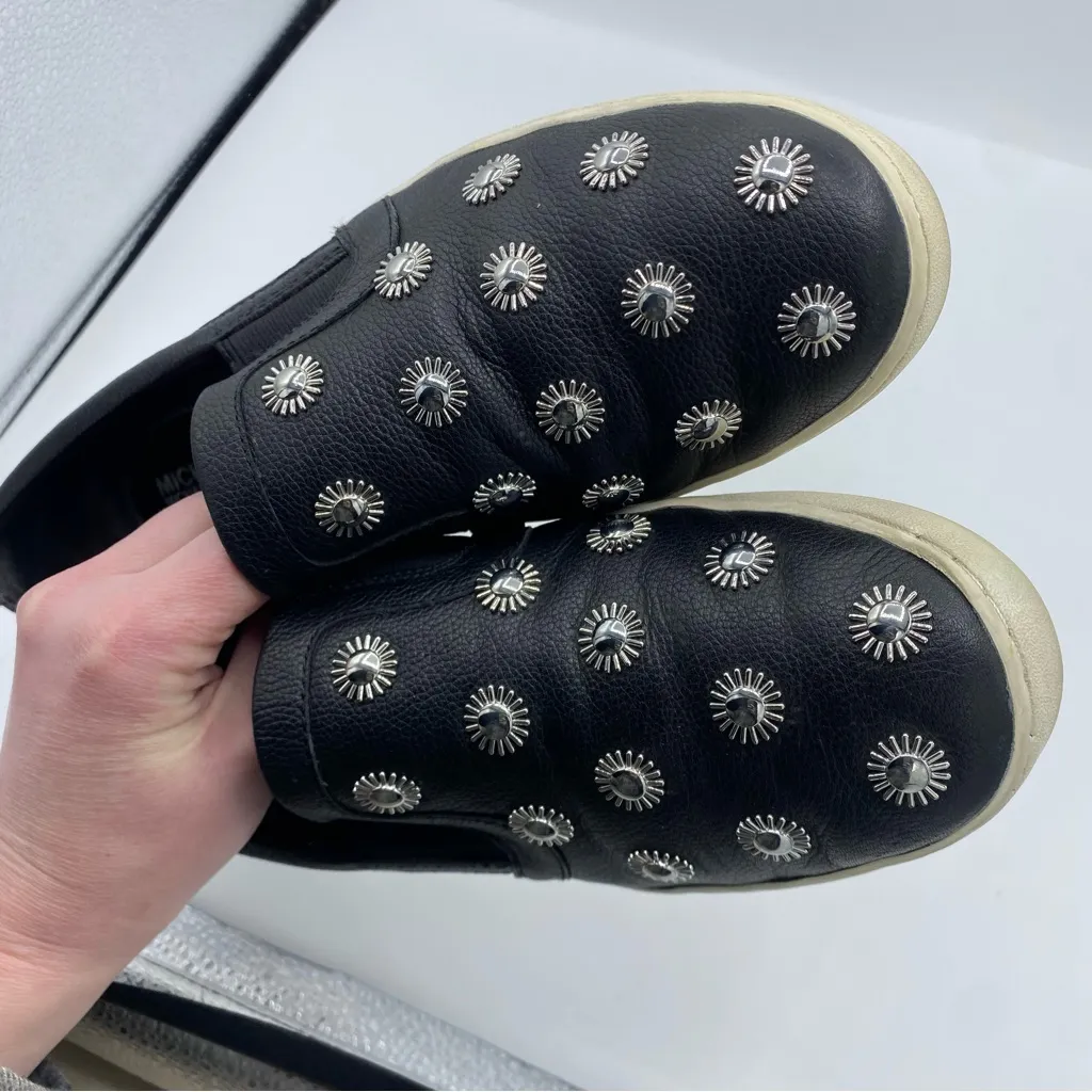 Michael Kors Leo Embellished Studded Black Leather Slip On Sneakers size 9.5 - Image 4