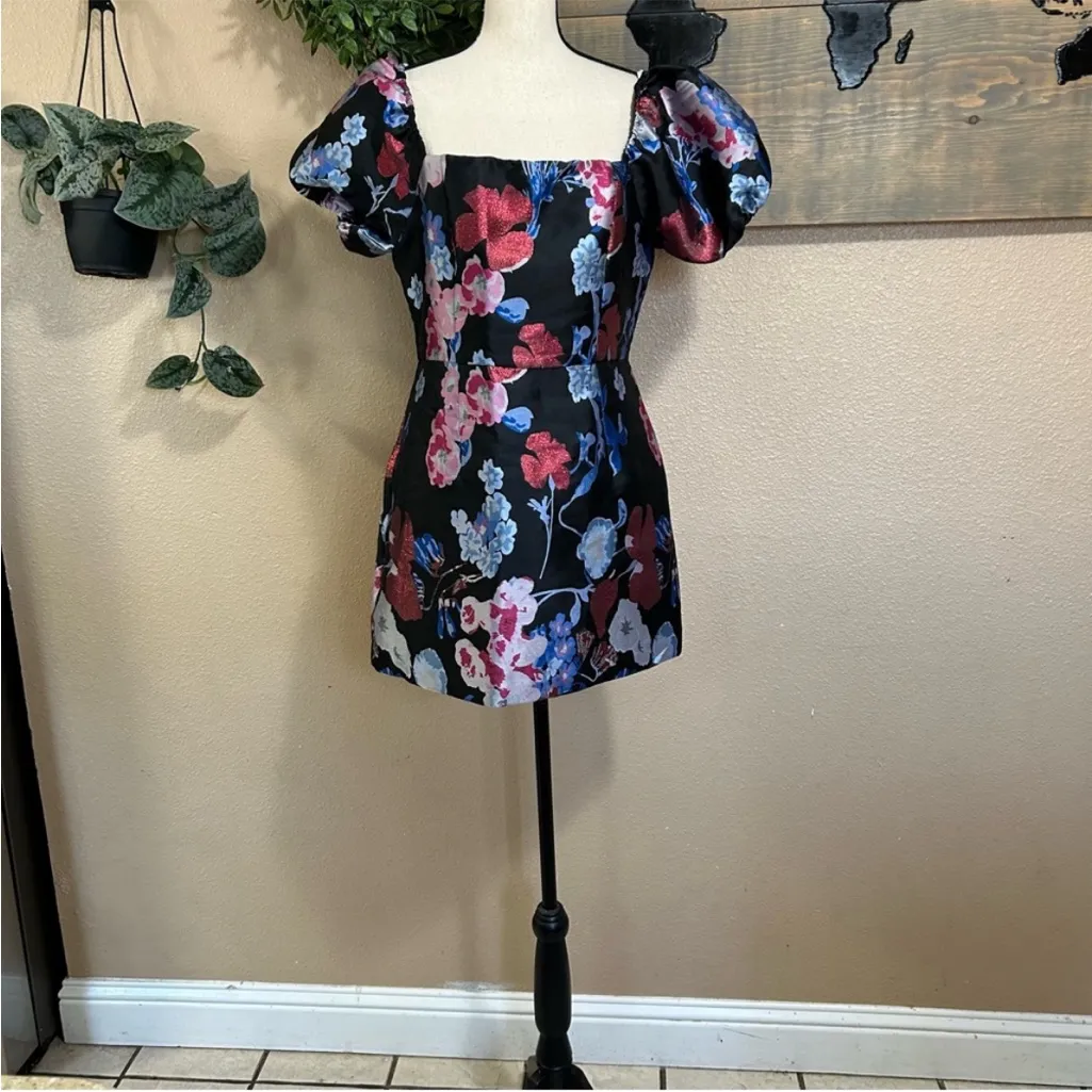 Lulus So Stunning Black Multi Floral Jacquard Puff Sleeve Mini Dress - Image 11