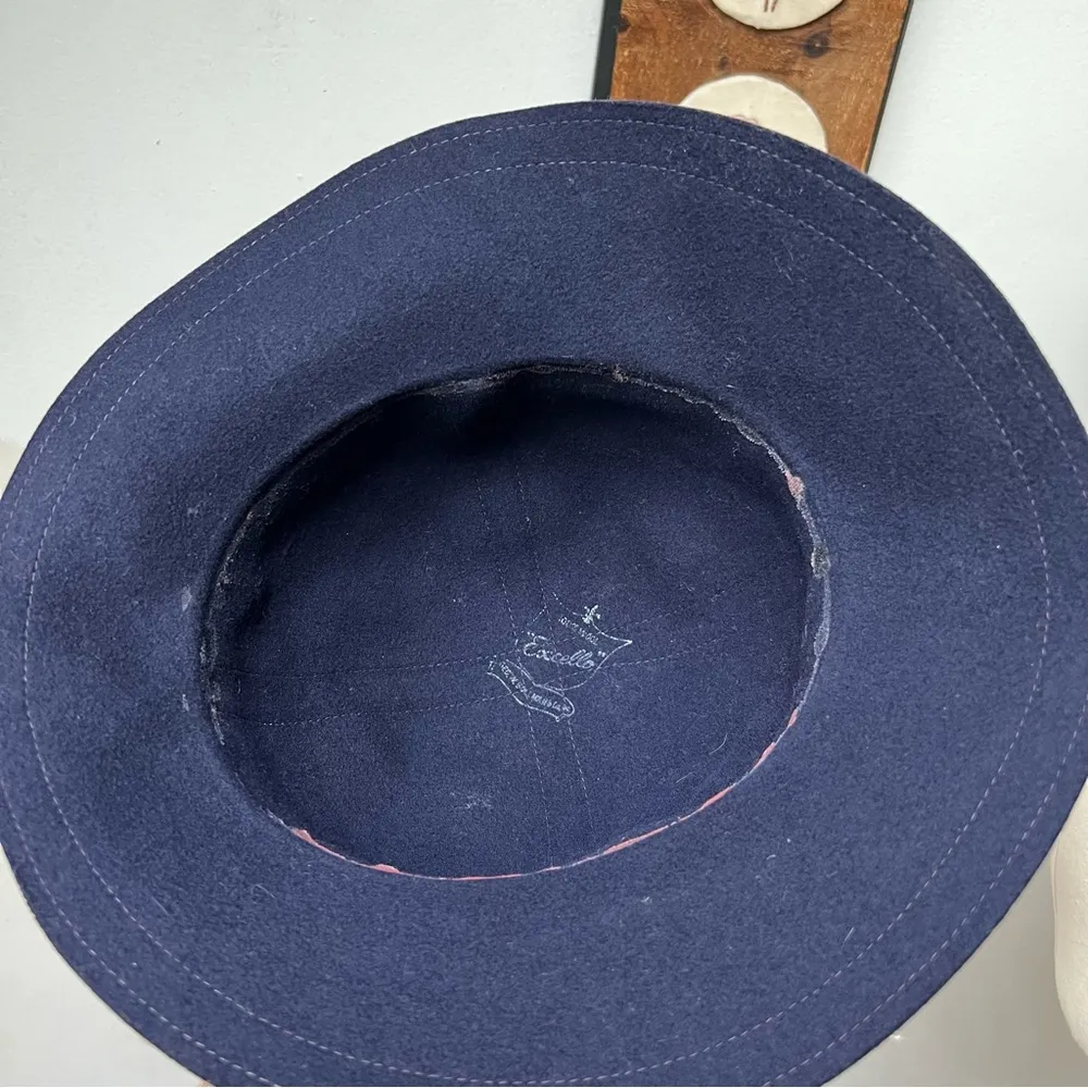 Vintage Wool Bucket Hat with Feather Detail Blue - Image 3