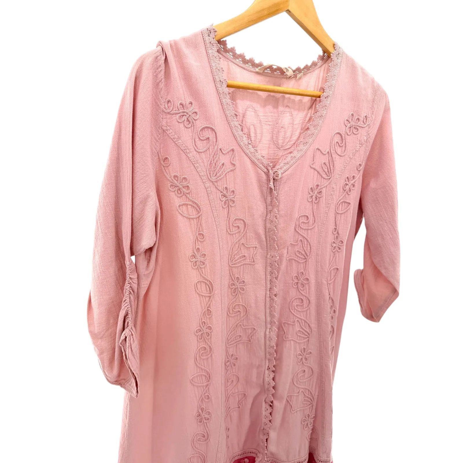 Soft Surroundings Crepe Cotton Lace Accent Pink Embroidered Shirt Dress Petite L - Image 3