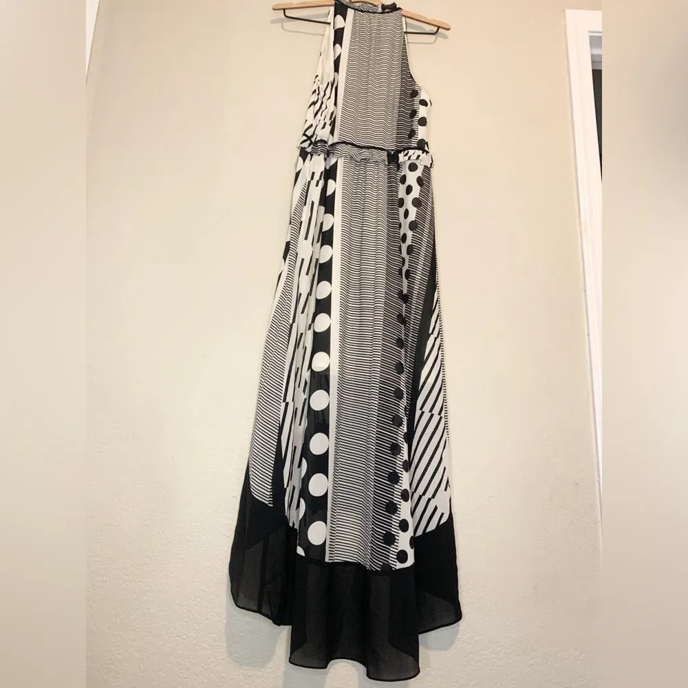 Anthropologie Maeve Halter Black Cream Dot Print Maxi Dress High Low Hem Size 8 - Image 3
