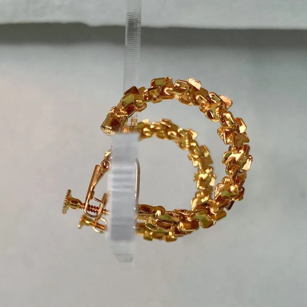 Vintage 60s 70s Gold Tone Brutalist Textured Screw Back Clip Hoop Earrings MCM - Image 3