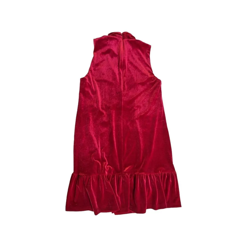 Calvin Klein Red Velvet Mock Neck Dress Tiered Ruffle Womens 4 Turtleneck Party - Image 3