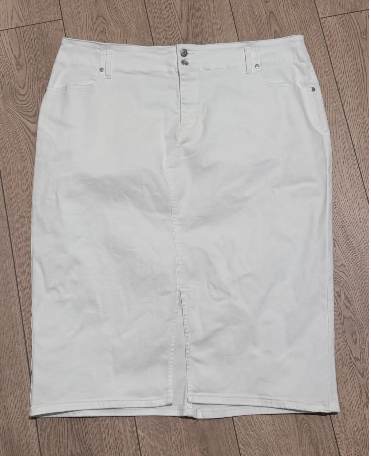 Ophelia Roe White Denim Skirt 3X Plus Size Stretch Casual Pencil Midi Slit NEW - Image 1