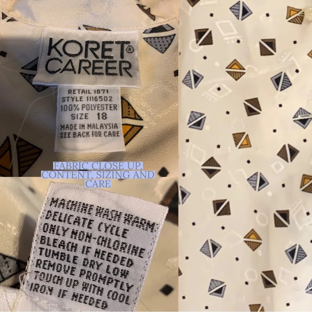 VINTAGE 1980'S KORET CAREER CREAM, YELLOW & GRAY PRINT BLOUSE (18) - Image 8