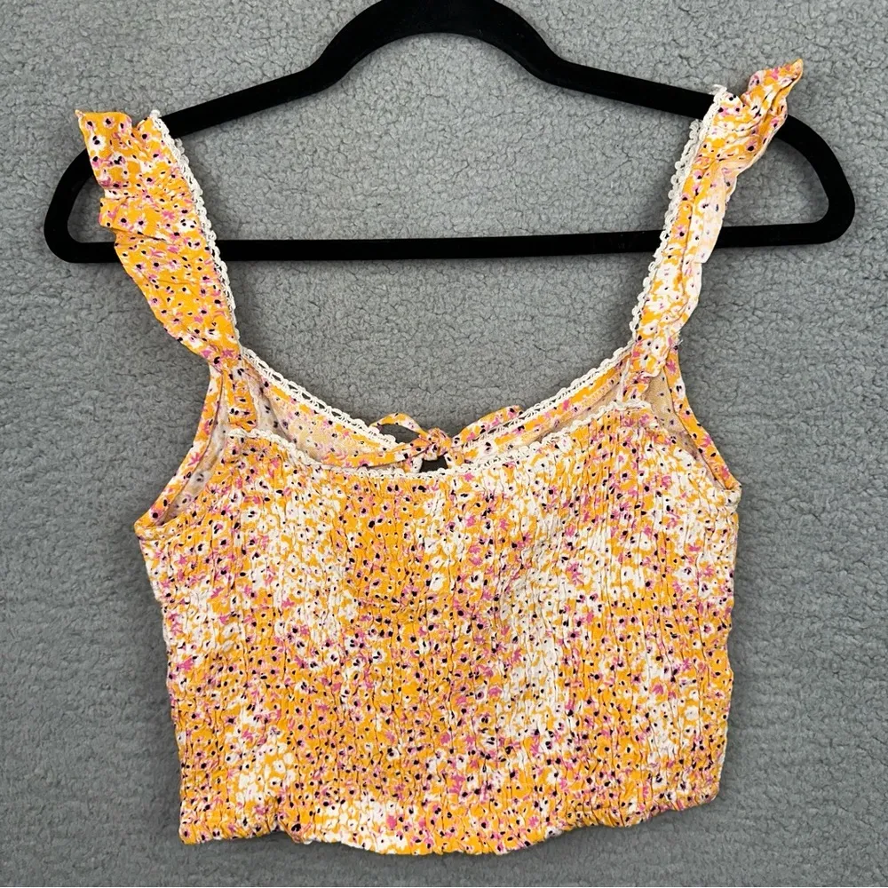 Sim & Sam Top Womens Medium Orange Ditsy Floral Smocked Ruffle Crop Y2K Boho NEW - Image 3