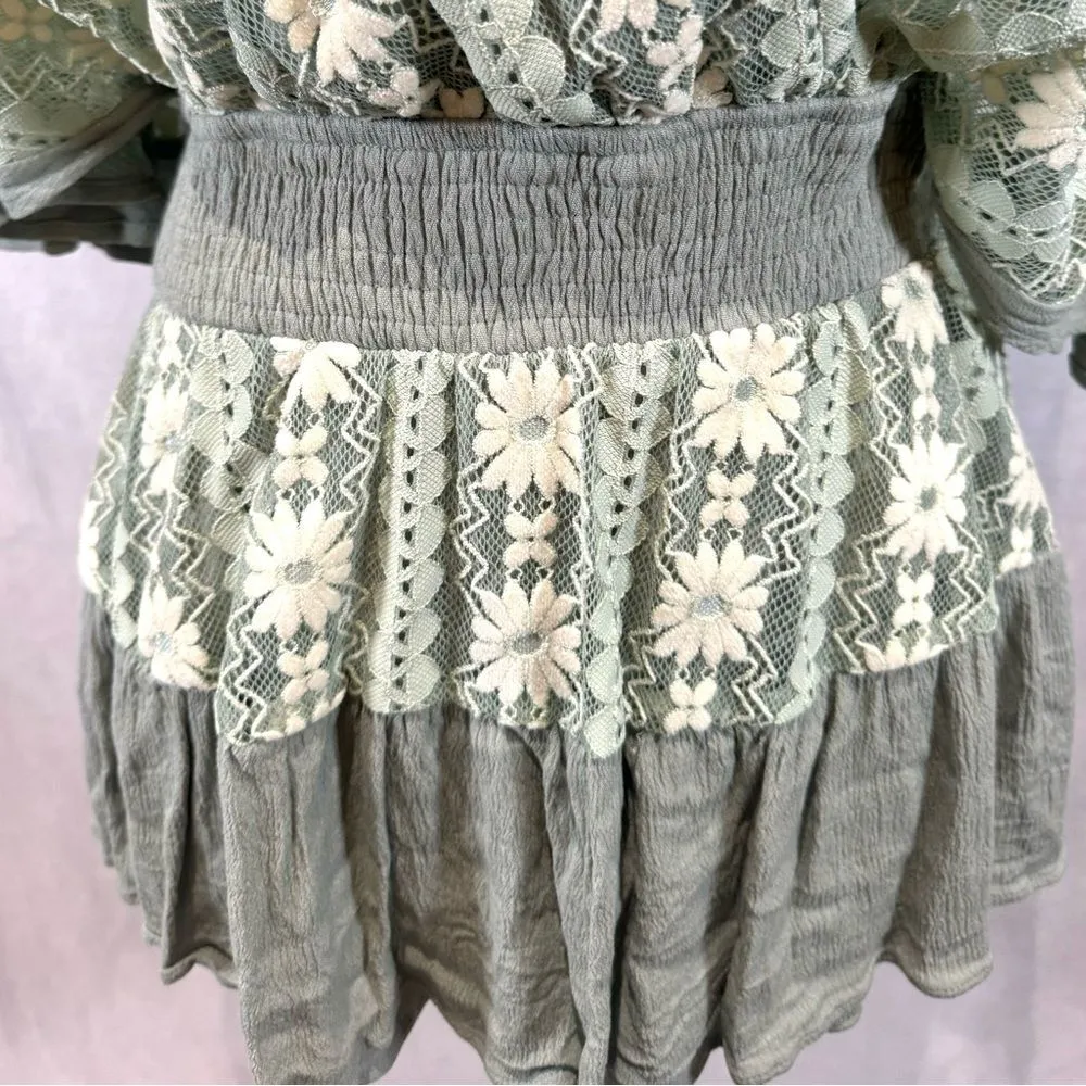 Petal Dew Boutique sage green and ivory lace over mini dress romper size small - Image 3