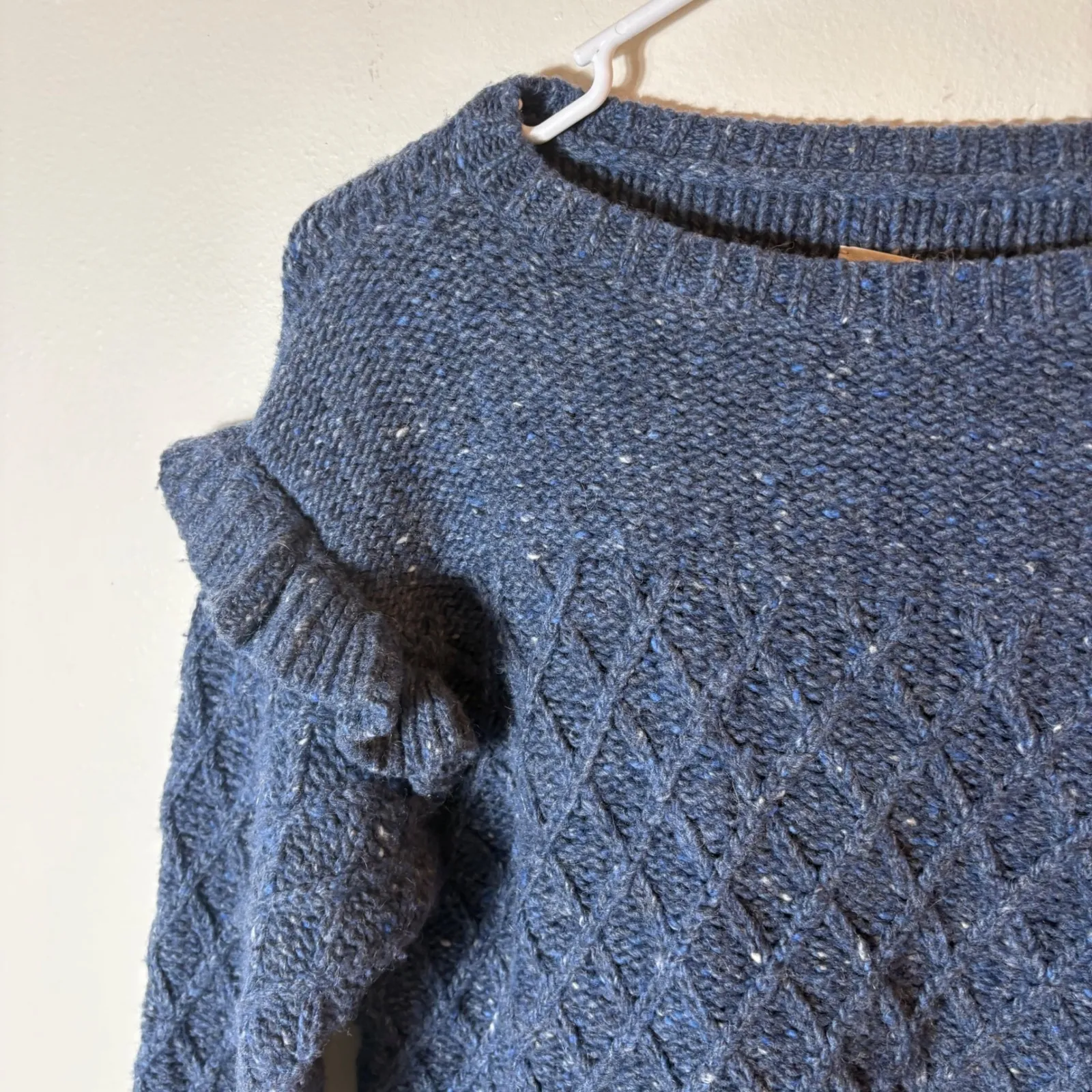 La Vie Rebecca Taylor Merino Wool Ruffle Shoulder Cable Knit Sweater Small Blue - Image 2