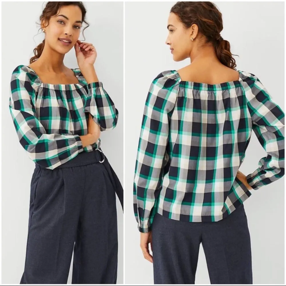 ANN TAYLOR Gingham Plaid Square Neck Peasant Top S Preppy Academia Cottagecore - Image 2