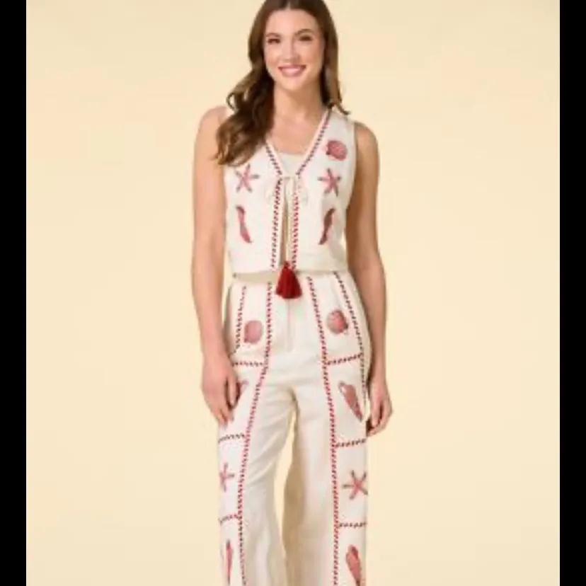 Versona seashell embroidered tassel vest linen XXL CREAM RED fall casual boho - Image 2