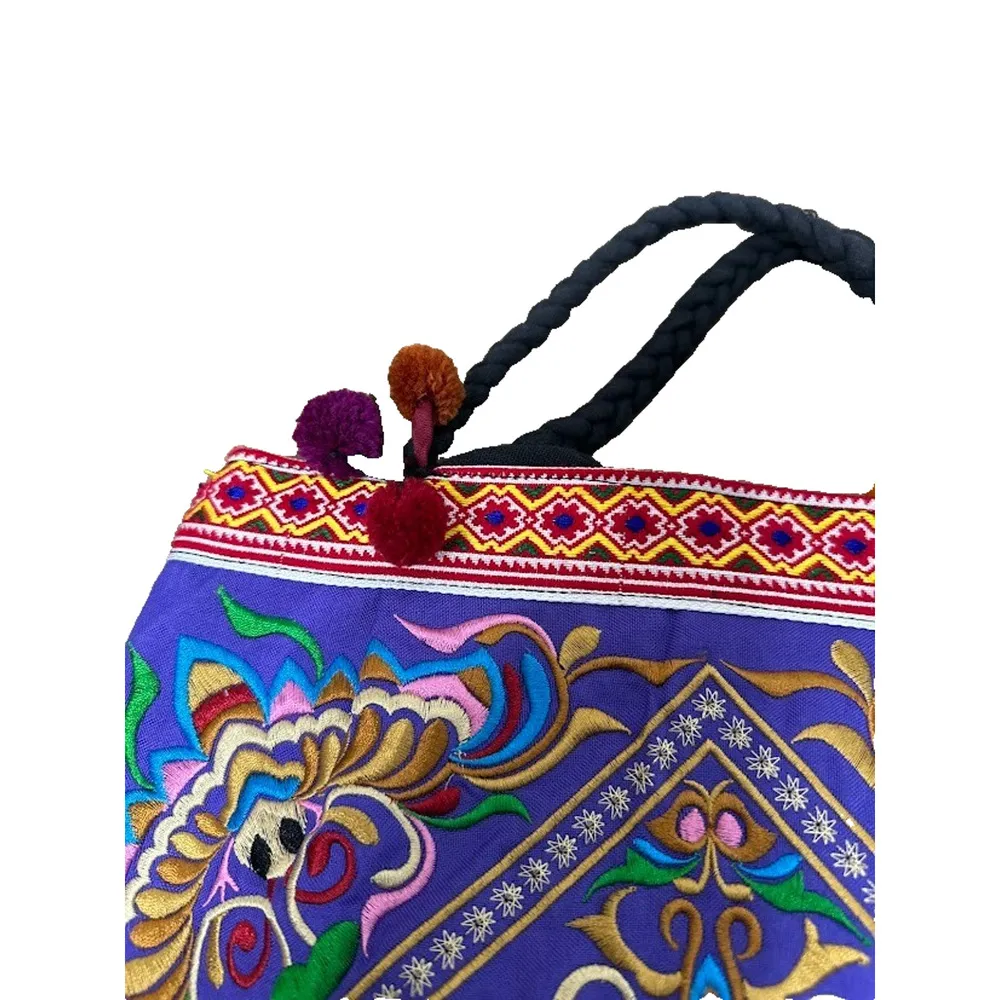 Embroidered 100% Cotton Thailand Boho Hand Bag Shoulder Bag Purse Zipper Pom Pom Blue - Image 4