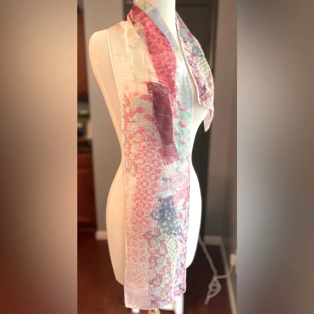 Vintage 100% Silk Colorful Abstract Pattern Scarf Made in China Red - Image 6