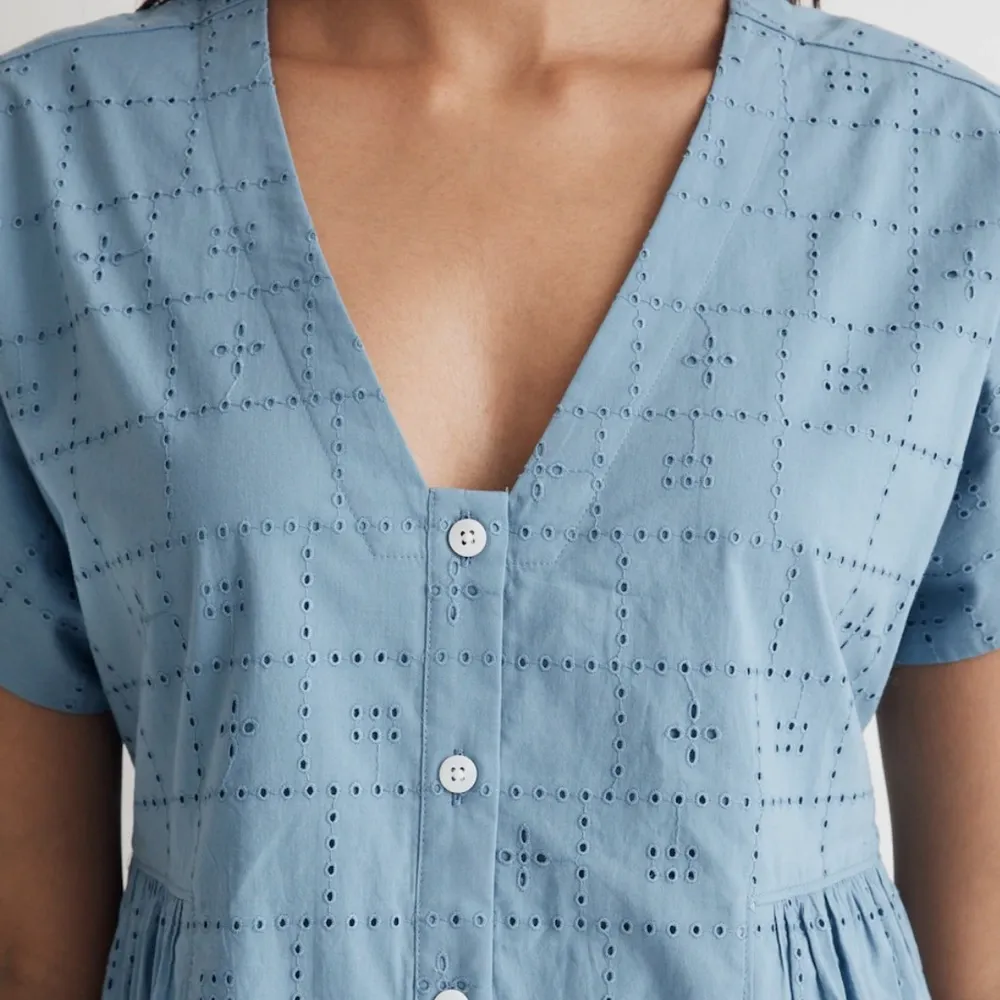 Madewell Eyelet Button-Front V-Neck Mini Dress Large Blue - Image 6