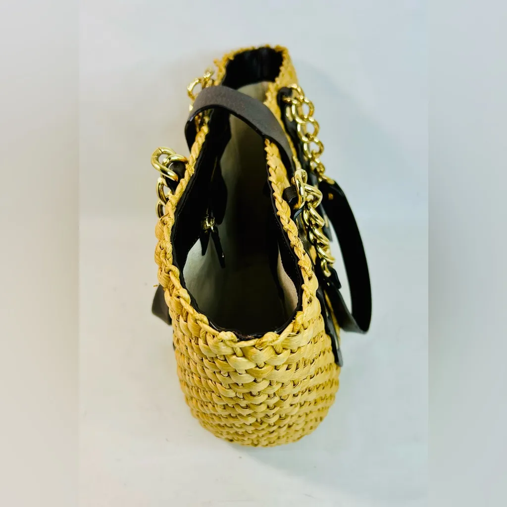 Michael Kors Santorini Raffia Woven Handbag Tote, Brown Leather/Gold Chain Strap Tan - Image 6