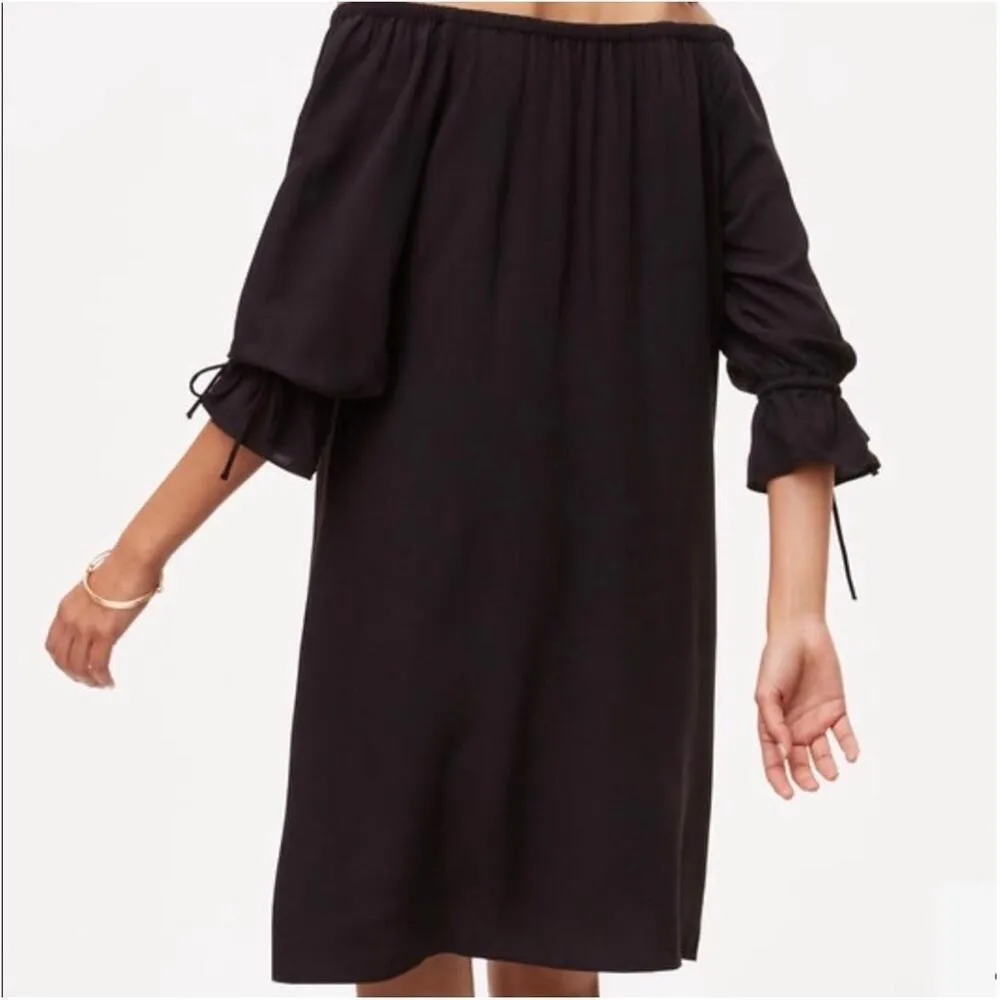 Ann Taylor LOFT off the shoulder Black dress XSMALL tie sleeve Midi NWT - Image 3