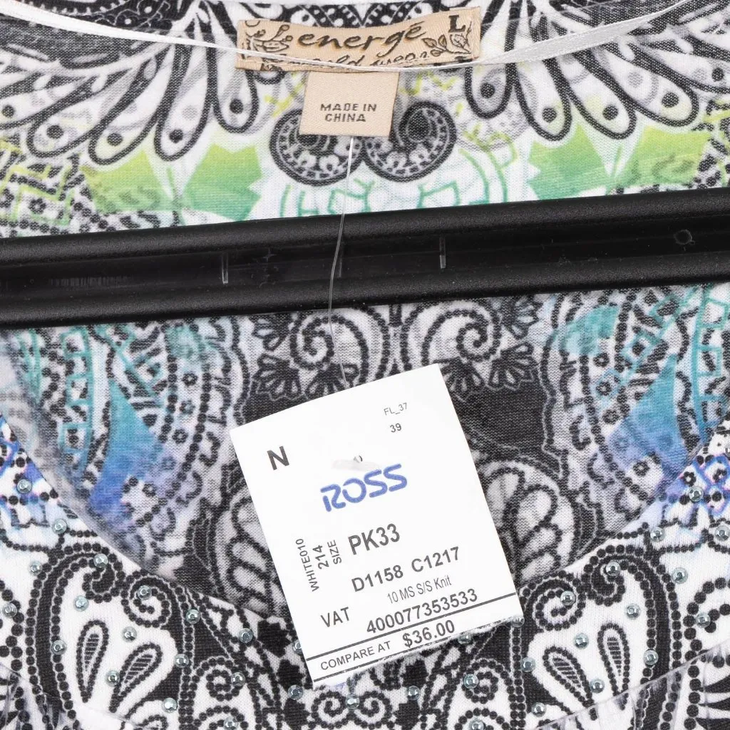 Energie Shirt L Womens NEW Paisley Short Sleeve Black Green Blue Gems Spring - Image 5